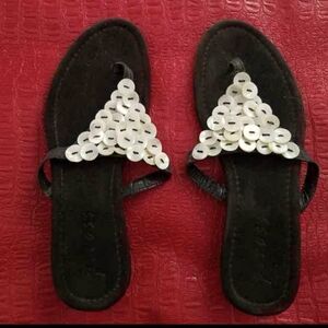 P. Ross Embellished Kitten Heel Sandals – Mother of Pearl Shell Discs